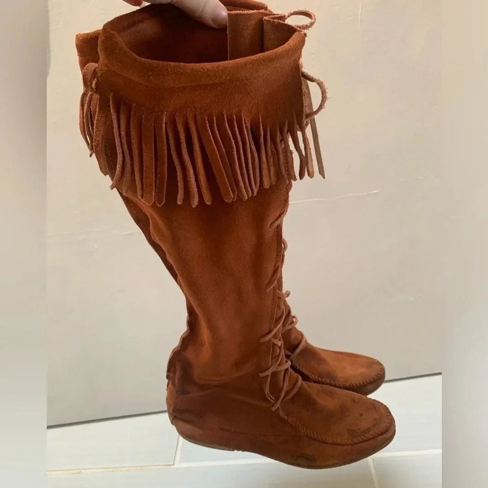 Minnetonka Front Lace Tall Knee High Boots 7.5 - Picture 11 of 14